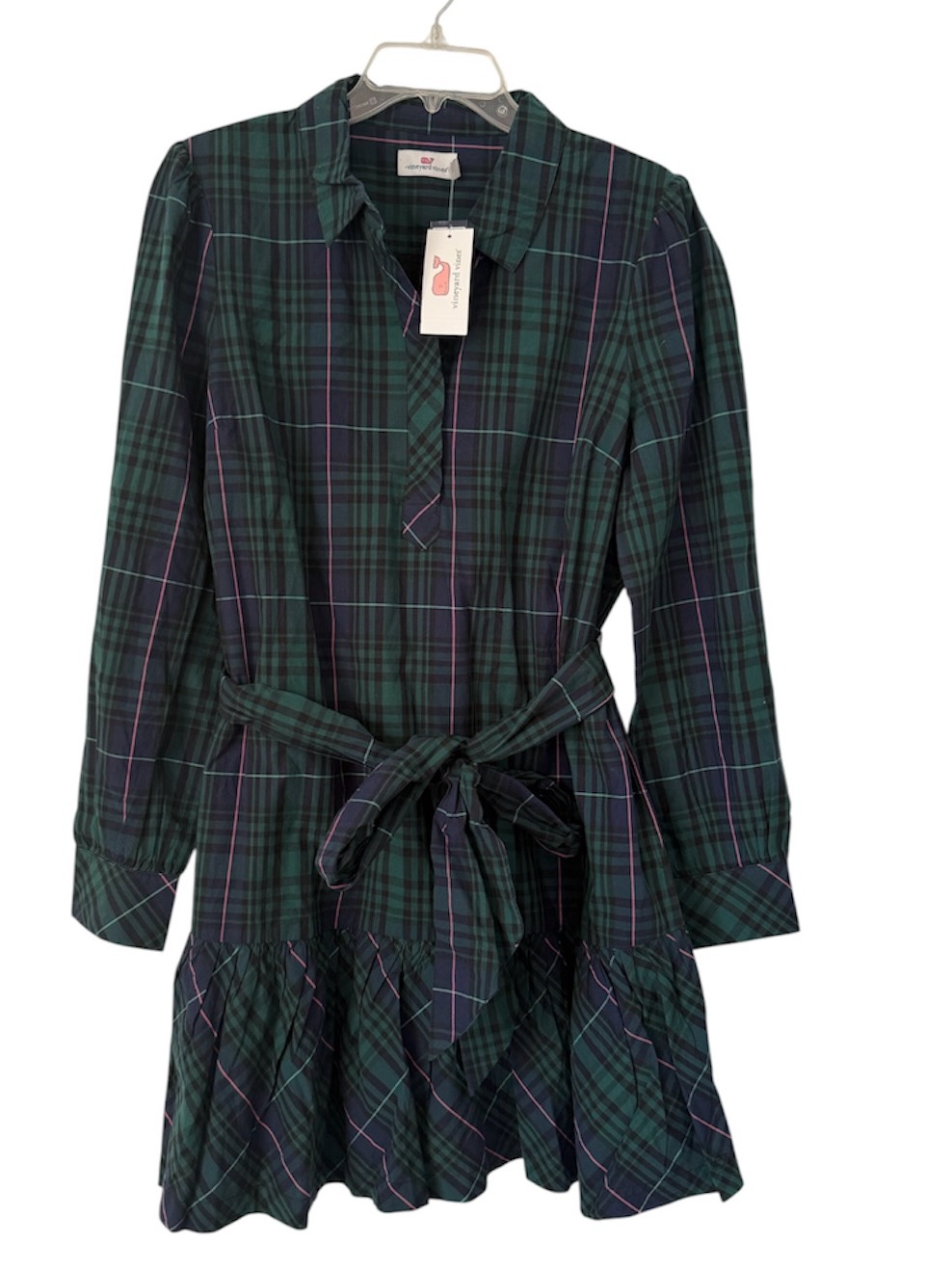 Vineyard Vines Popover Dress Large Blackwatch Pink Pop Belted Plaid Nwt